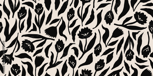 Minimalistic abstract floral pattern. Flower seamless background. Modern print in black and white. Ideal for textile design, fabric printing, wallpaper, covers, cards, posters. Vector illustrations.
