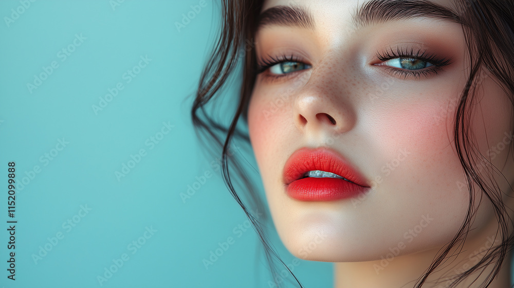 New Year, Christmas minimalist cosmetology banner with copy space, clean background, Asian woman, beauty industry New Year, Christmas minimalist cosmetology banner with copy space, clean background, Asian woman, beauty industry