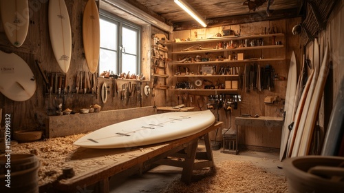 Artisan Surfboard Workshop with Handcrafted Surfboards, Tools, and Wooden Shelves in Natural Light