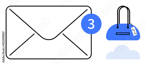 Email with notification badge, blue handbag with a tag, and cloud icon. Ideal for e-commerce, shopping alerts, cloud services, digital marketing, notifications, communication and online storage