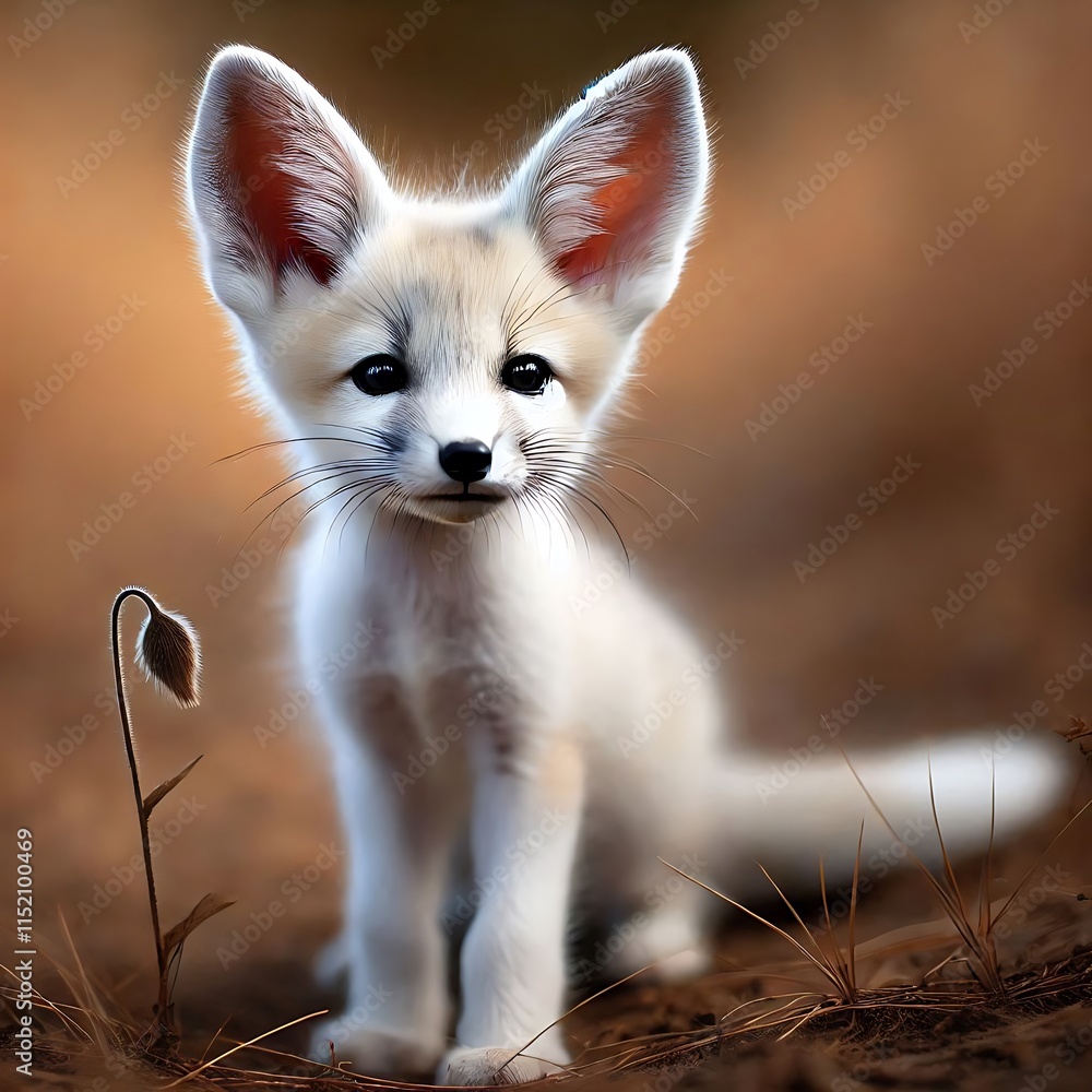 Fototapeta premium Adorable Fennec Fox Kit: A captivating portrait of a Fennec fox kit, its large ears and endearing expression stealing the show against a softly blurred autumnal background. 