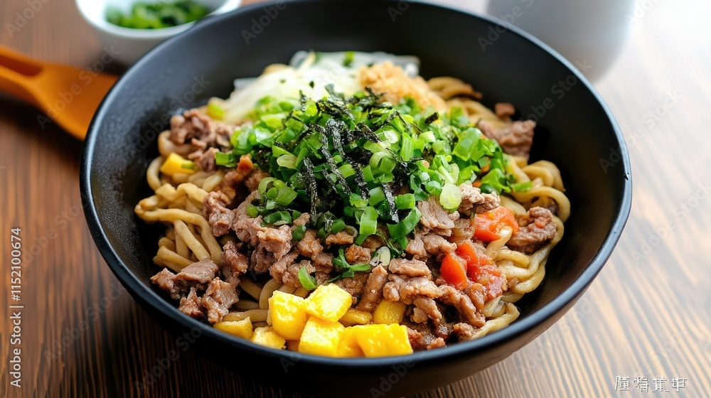 Taiwan Mazesoba with Toppings in Black Bowl Taiwan Mazesoba with Toppings in Black Bowl