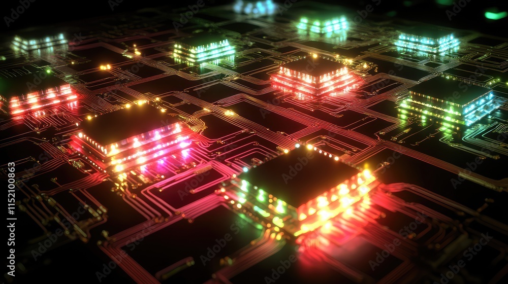 Fototapeta premium A conceptual visualization of a microchip network, with glowing connections linking multiple processors in a synchronized system