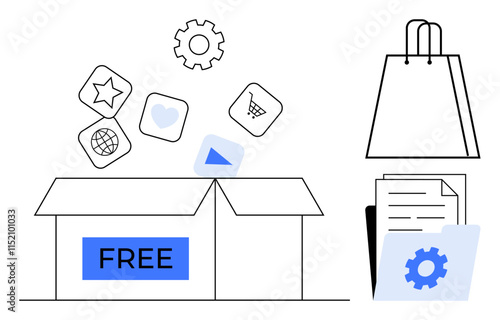 Digital tools and icons emerging from a FREE box, with a shopping bag and documents folder beside it. Ideal for e-commerce, productivity, software, digital marketing, shopping, online services