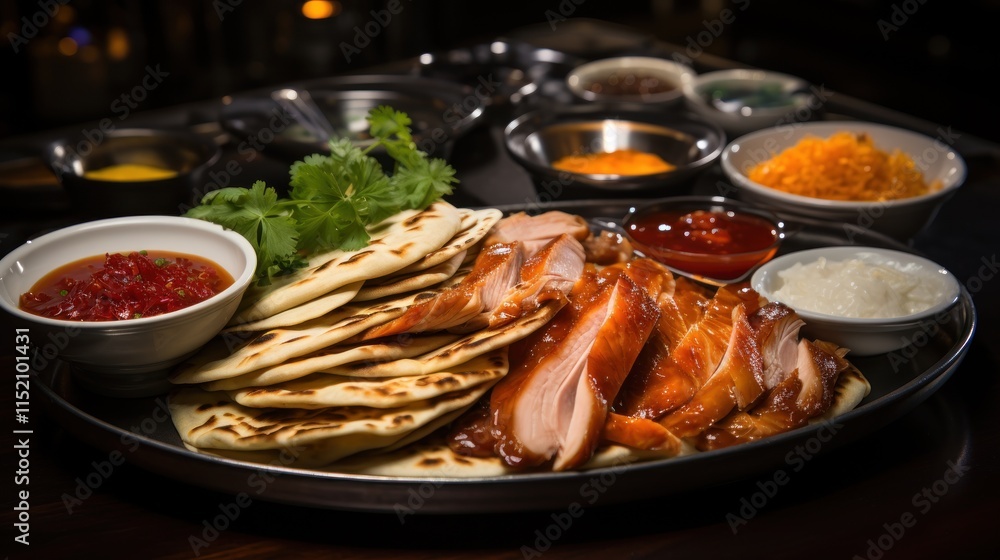 Delicious BBQ Chicken with Naan and Sauces Delicious BBQ Chicken with Naan and Sauces