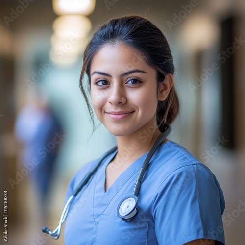 A young Hispanic nurse in focus with a medical environment in the background, which is blurred to emphasize the nurse's presence. photo