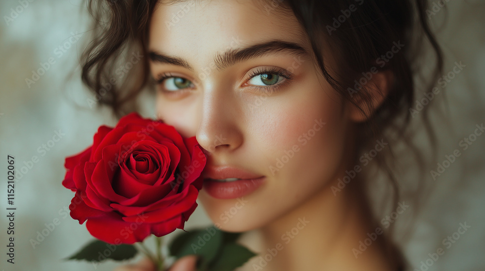 Close-Up with a Rose: A serene portrait of a woman holding a red rose near her face, with soft natural lighting highlighting her features and the flower's texture. Close-Up with a Rose: A serene portrait of a woman holding a red rose near her face, with soft natural lighting highlighting her features and the flower's texture.