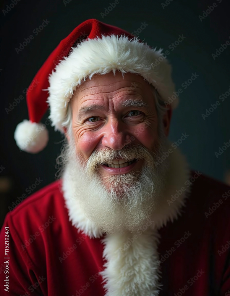 Naklejka premium A smiling man in a red Santa hat and red shirt. He has a white beard and is wearing a white hat