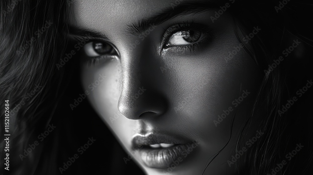 A woman with a dark hair and a black eye makeup A woman with a dark hair and a black eye makeup