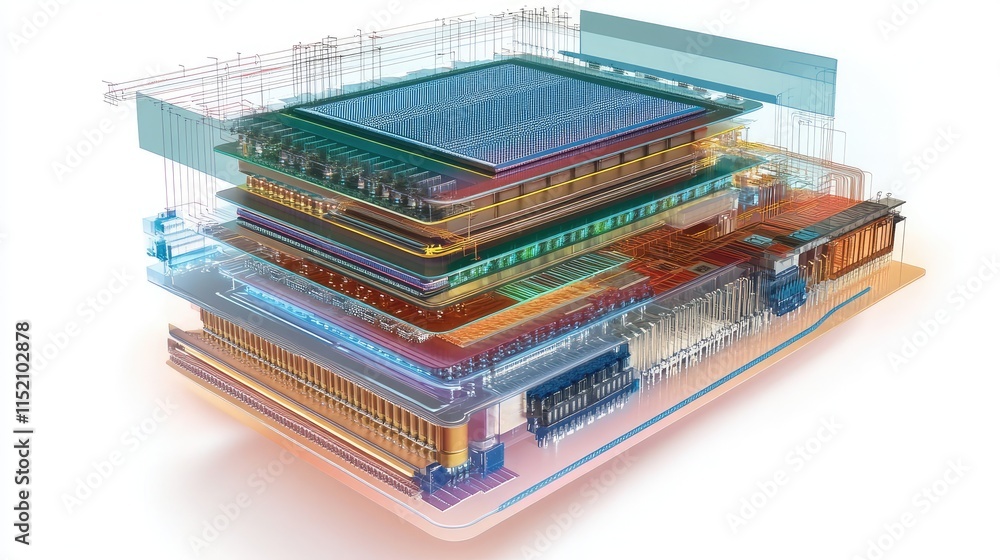 A cross-sectional diagram of a digital microchip, highlighting the transistors, pathways, and core processors in layers A cross-sectional diagram of a digital microchip, highlighting the transistors, pathways, and core processors in layers