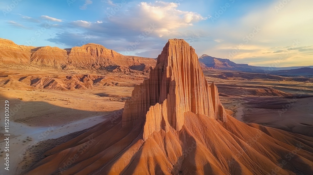 Fototapeta premium Majestic sandstone formation under a colorful sky in a desert landscape.