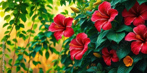 Wallpaper Mural Vibrant red hibiscus blossoms in full bloom against a backdrop of lush green foliage, creating a captivating display of nature's beauty Torontodigital.ca