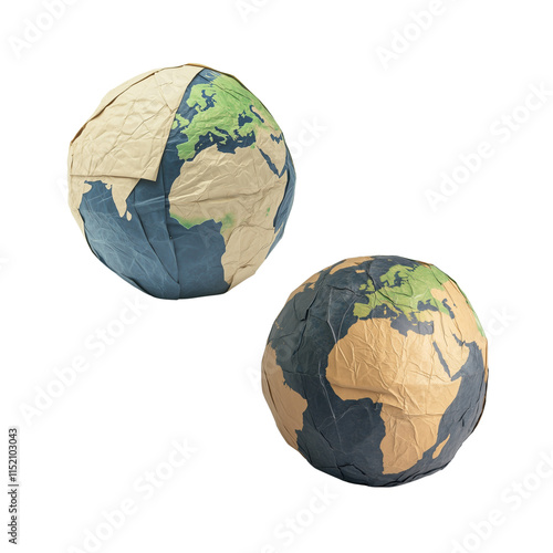 Two paper-crafted globes featuring continents, representing eco-friendly themes, sustainability, and global environmental awareness