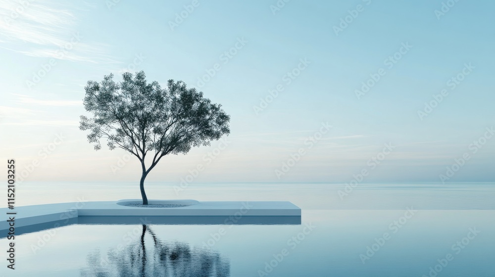 A tree is standing in front of a pool with a blue sky in the background A tree is standing in front of a pool with a blue sky in the background