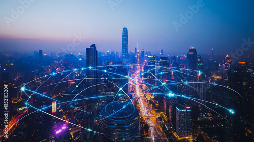 Wallpaper Mural Smart digital city with connection cyber security network reciprocity over the cityscape . future smart wireless digital city and social media networking systems that connects people within the city Torontodigital.ca