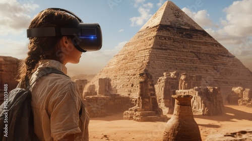 Female exploring ancient pyramids with vr headset in desert landscape
