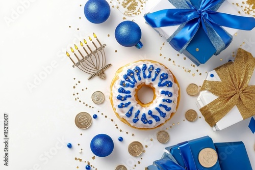 Celebratory Hanukkah arrangement featuring traditional elements and festive treats photo