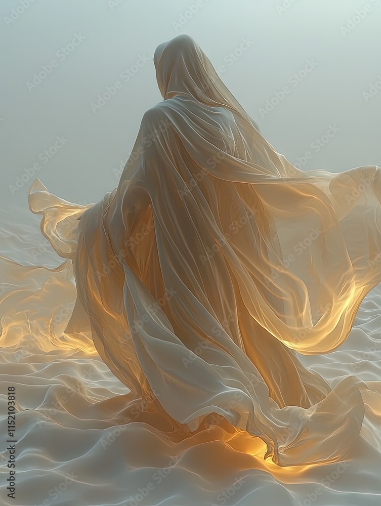 A flowing hooded figure in white silk stands in a misty desert. Ethereal and mysterious. Ideal for book covers album art or fantasy projects. A flowing hooded figure in white silk stands in a misty desert. Ethereal and mysterious. Ideal for book covers album art or fantasy projects.