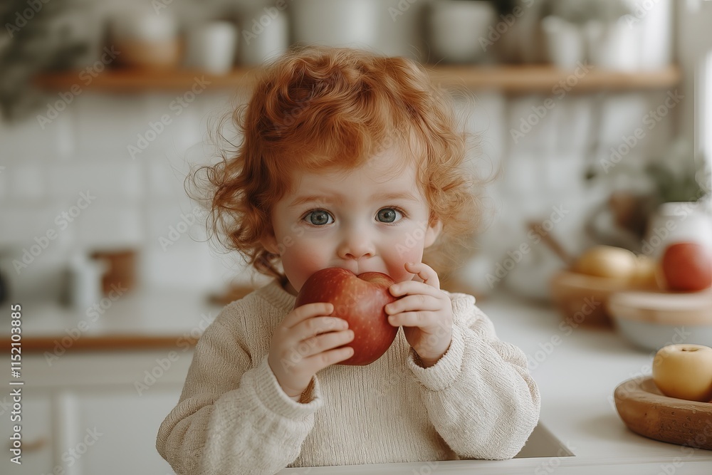A red-haired toddler with curly hair bites into a red apple while sitting in a bright kitchen filled with natural light A red-haired toddler with curly hair bites into a red apple while sitting in a bright kitchen filled with natural light
