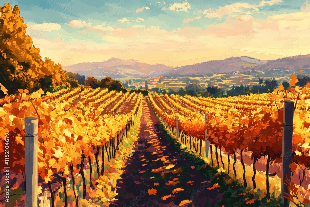 Naklejka premium Autumnal Vineyard Pathway Scenic Landscape View