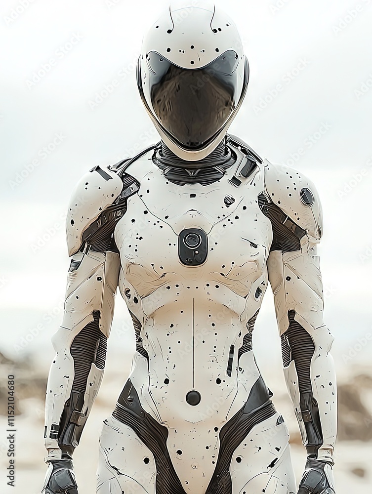 A futuristic female cyborg in advanced white armor stands against a blurred backdrop. Ideal for sci-fi, gaming, or conceptual art projects. A futuristic female cyborg in advanced white armor stands against a blurred backdrop. Ideal for sci-fi, gaming, or conceptual art projects.