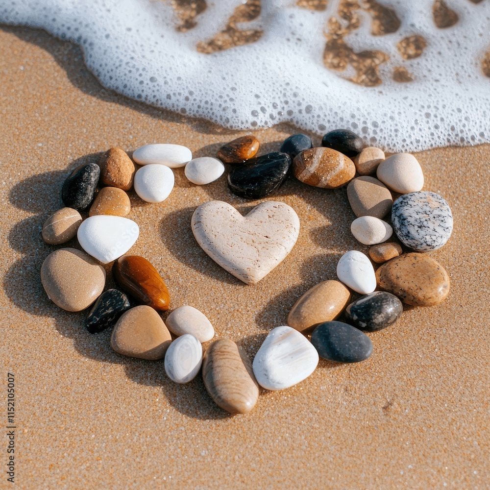 Heart-Shaped Arrangement of Colorful Stones on Sandy Beach with Gentle Waves Lapping at Shoreline, Capturing a Serene and Romantic Outdoor Setting Heart-Shaped Arrangement of Colorful Stones on Sandy Beach with Gentle Waves Lapping at Shoreline, Capturing a Serene and Romantic Outdoor Setting