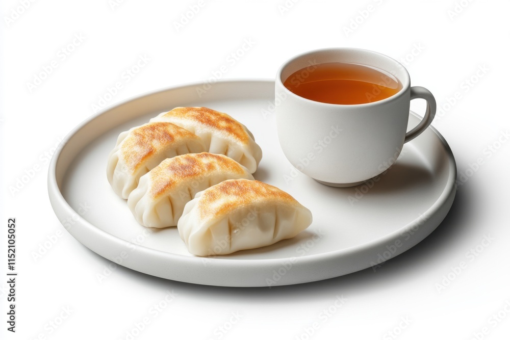 Delicious pork dumplings served with hot tea on a white plate in a cozy setting Delicious pork dumplings served with hot tea on a white plate in a cozy setting