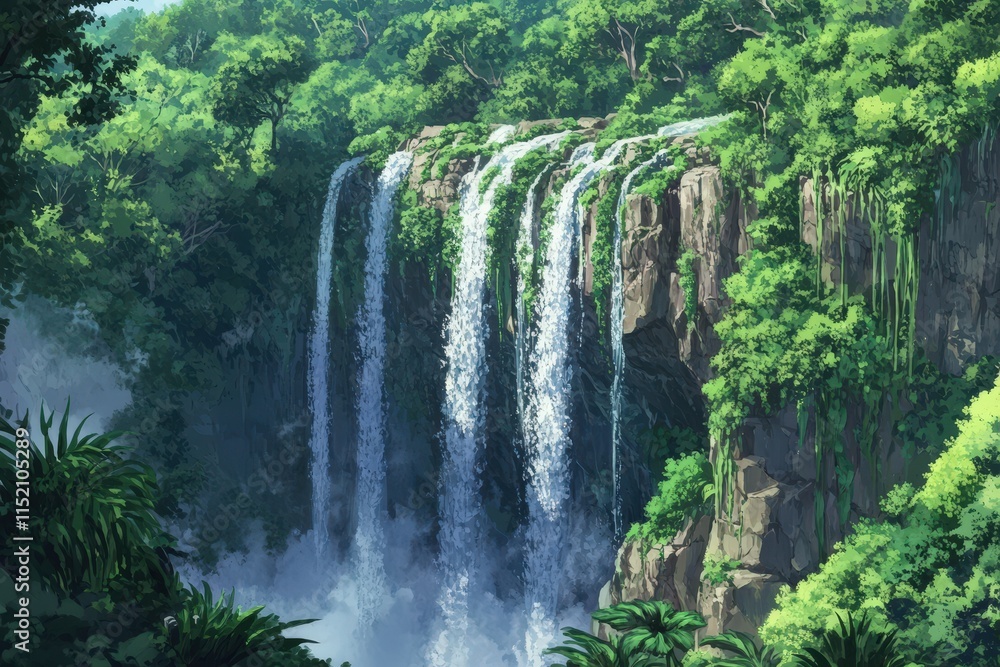 Naklejka premium Lush Rainforest Waterfall Cascading Over Rocks