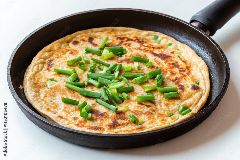 Savory scallion pancakes cooking in a skillet with fresh green onions on top Savory scallion pancakes cooking in a skillet with fresh green onions on top