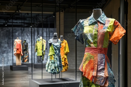 Colorful dresses displayed in contemporary fashion exhibition, s