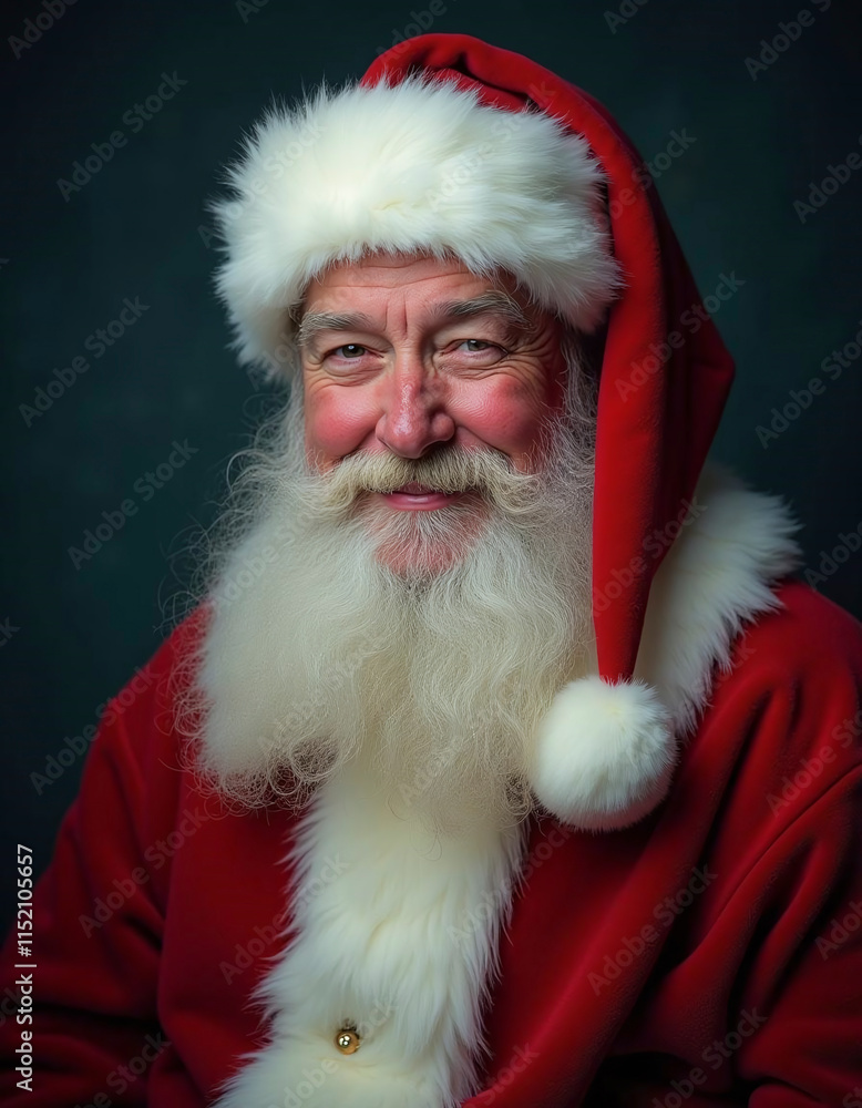 A man with a white beard and a red hat with a white pom pom on it is smiling. He is wearing a red jacket and he is a Santa Claus