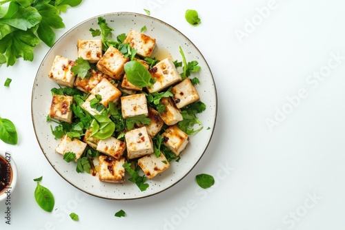 Crispy tofu cubes garnished with fresh herbs and lime on a white plate