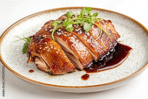 Delicious roasted duck served with sauce on a stylish plate garnished with herbs photo