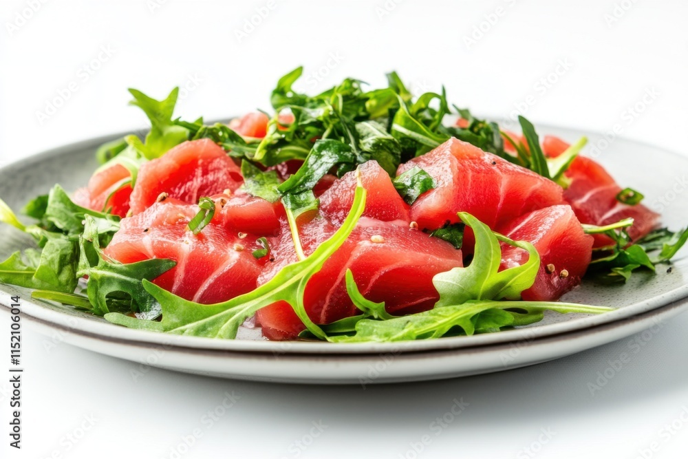 Freshly prepared salad with cucumber, leafy greens, and slices of tuna at a modern kitchen table Freshly prepared salad with cucumber, leafy greens, and slices of tuna at a modern kitchen table