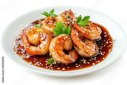 Savory shrimp dish garnished with herbs and sesame seeds served on a white plate