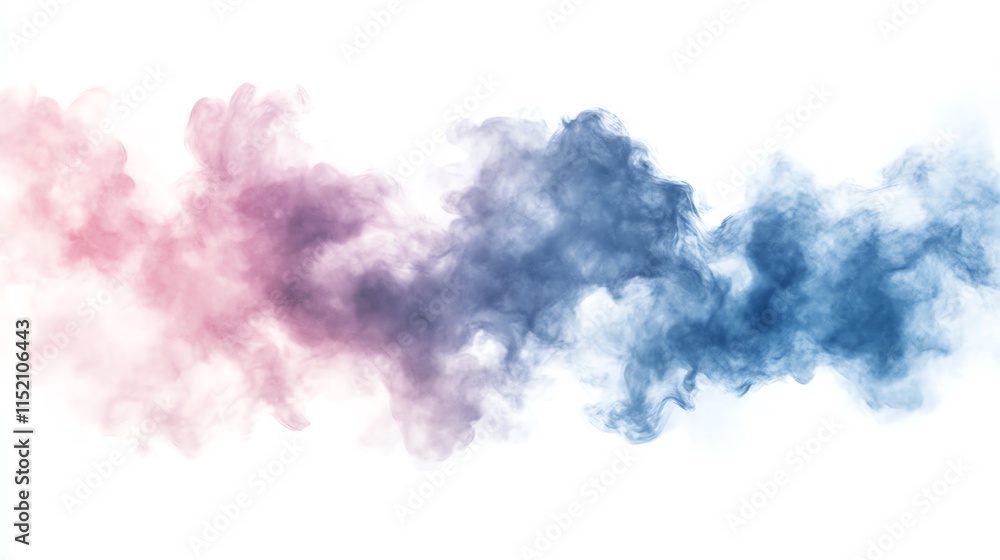 Fototapeta premium A vibrant swirl of colorful smoke, blending pink and blue hues against a white background for artistic use.