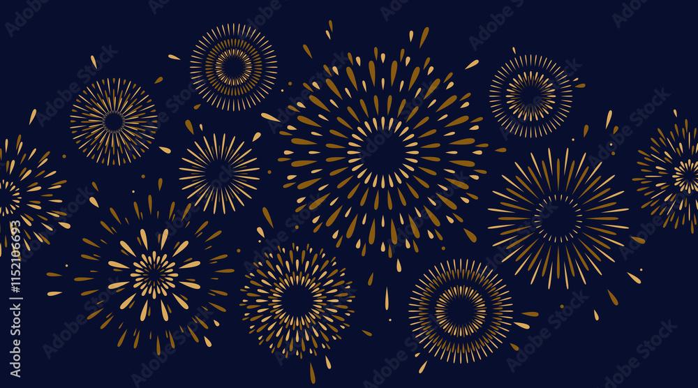 Firework vector background. Celebrate pattern with simple flat golden fireworks, sparks, explosions in night sky. Modern illustration for new year, anniversary, winner, birthday celebration. Firework vector background. Celebrate pattern with simple flat golden fireworks, sparks, explosions in night sky. Modern illustration for new year, anniversary, winner, birthday celebration.