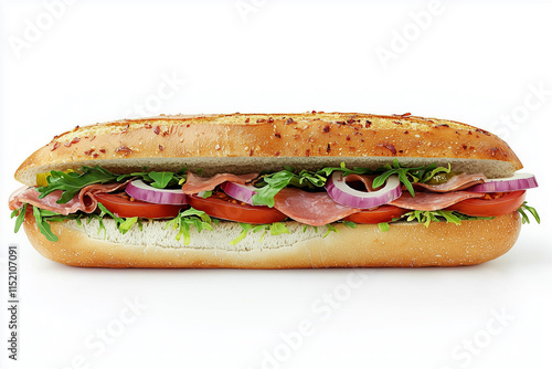 Front view of a classic submarine sandwich filled with fresh vegetables, meats, and cheese, placed on a white background. For fast food themes.