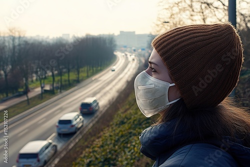 Contemplative figure gazes at bustling highway, showcasing resil photo