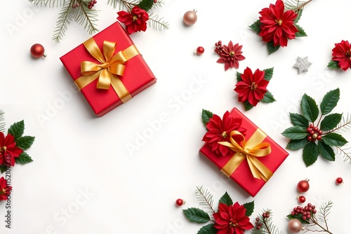 Festive arrangement of red gift boxes with gold ribbons and holiday decorations.