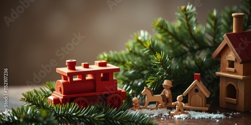 A charming Christmas scene featuring a red toy train nestled among evergreen boughs, joined by wooden figurines, a rocking horse, and a charming wooden house. photo