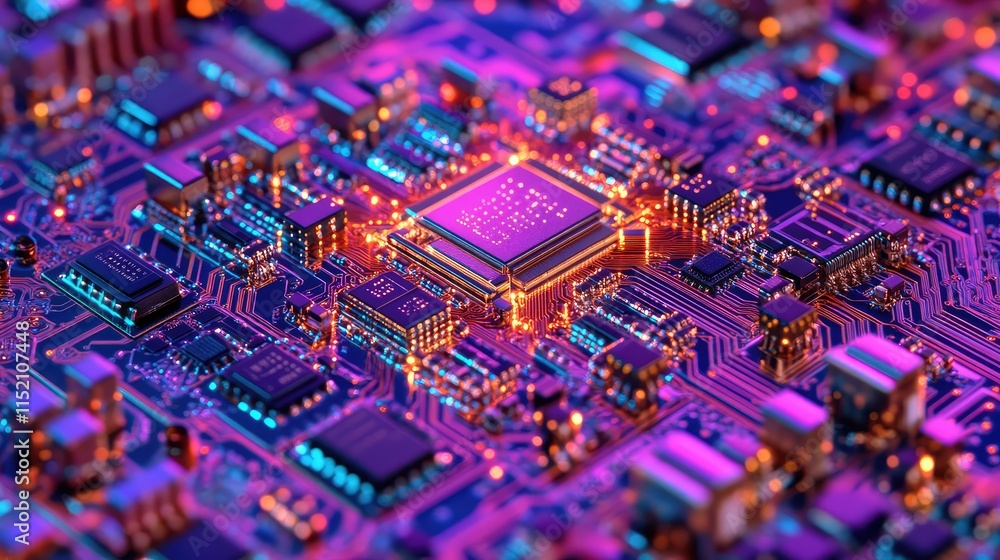 A detailed close-up of a semiconductor microchip, with visible etched circuits and glowing pathways on a silicon surface A detailed close-up of a semiconductor microchip, with visible etched circuits and glowing pathways on a silicon surface