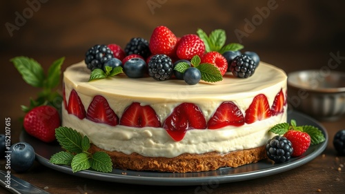 Delicious berry cheesecake with a graham cracker crust and fresh mint garnishing on a rustic wooden table