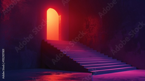 Ethereal crimson hued staircase leading into a mysterious and alluring passageway creating a captivating otherworldly atmosphere of and adventure photo