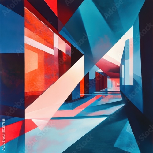 Wallpaper Mural Abstract modern architecture featuring blue and red geometric shapes with interplay of sunlight and shadows in a futuristic interior design. Torontodigital.ca