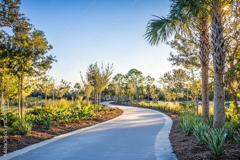 Winding pathway through lush greenery, vibrant trees, and clear Winding pathway through lush greenery, vibrant trees, and clear