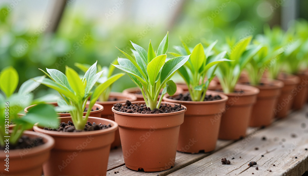 Row of colorful seedlings in flower pots on rustic wooden table in greenhouse, Seedling Planting Row of colorful seedlings in flower pots on rustic wooden table in greenhouse, Seedling Planting