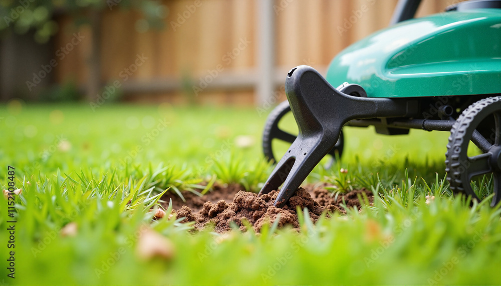 Obraz premium Focused shot of lawn aeration tool creating holes in grass with soil