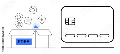 Credit card next to open box with FREE sign releasing assorted digital icons including a gear, star, heart, and shopping cart. Ideal for e-commerce, shopping, marketing, digital services, technology