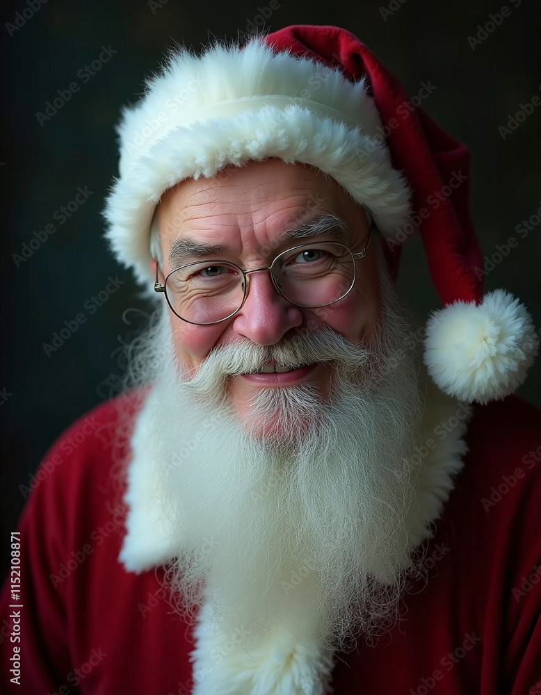 A man with a white beard and glasses is wearing a red hat and a red shirt. He is smiling and he is a Santa Claus A man with a white beard and glasses is wearing a red hat and a red shirt. He is smiling and he is a Santa Claus